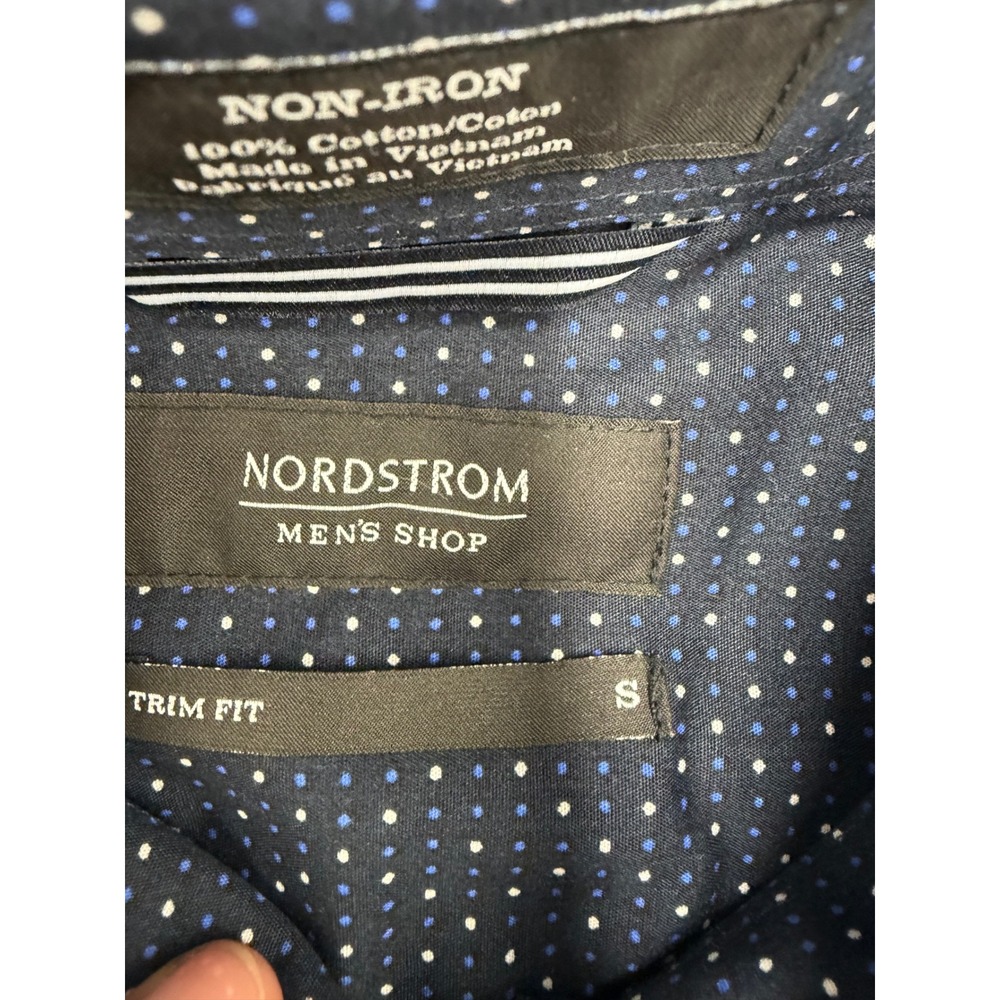 Nordstrom Mens Shop Navy Blue Polka Dot Non-Iron Trim Fit Button Down Shirt S - Picture 4 of 6